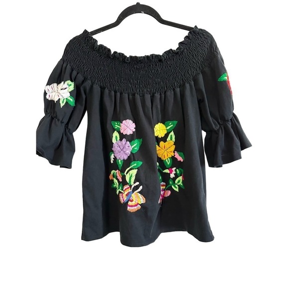 VAVA by Joy Han Tops - Vintage VaVa by Joy Han Heavily Embroidered Black Floral Smocked Top - Medium